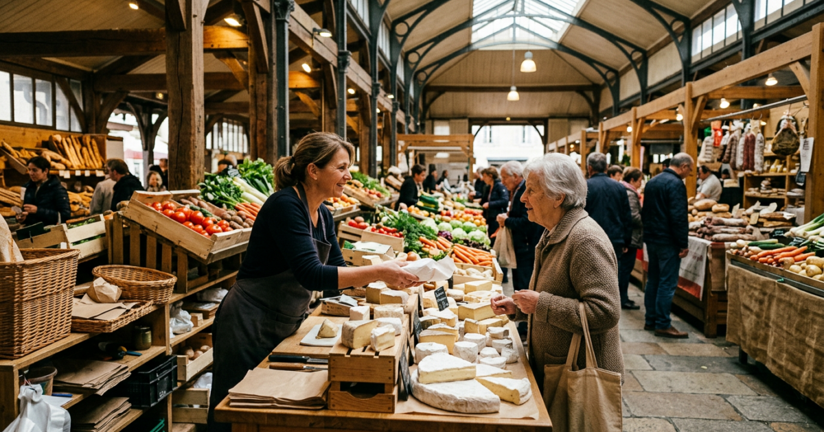 Intérieur d'une halle de marché, étal et vendeur