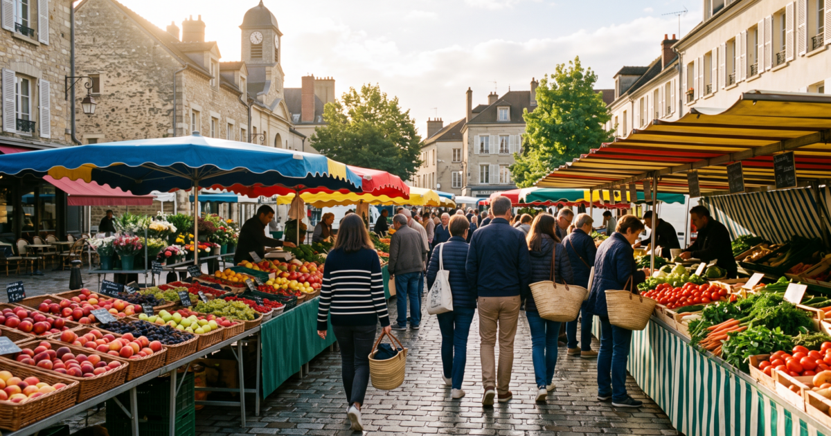 Un marché de commune en Essonne, étals et habitants