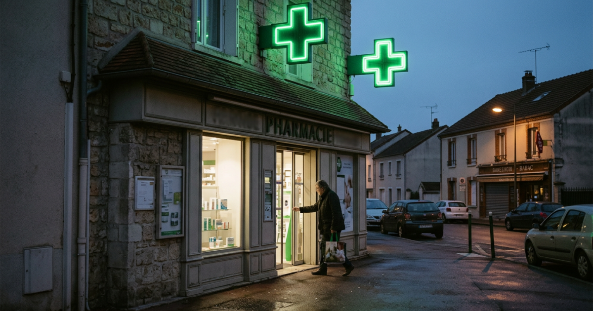 Pharmacie de quartier en soirée